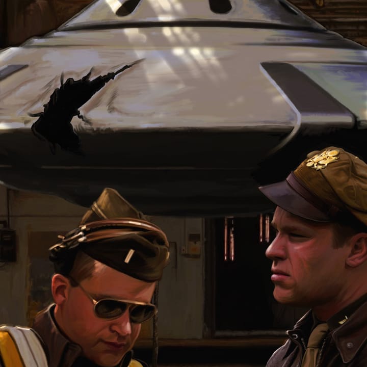 Air Force officers and the wreck of a UFO.